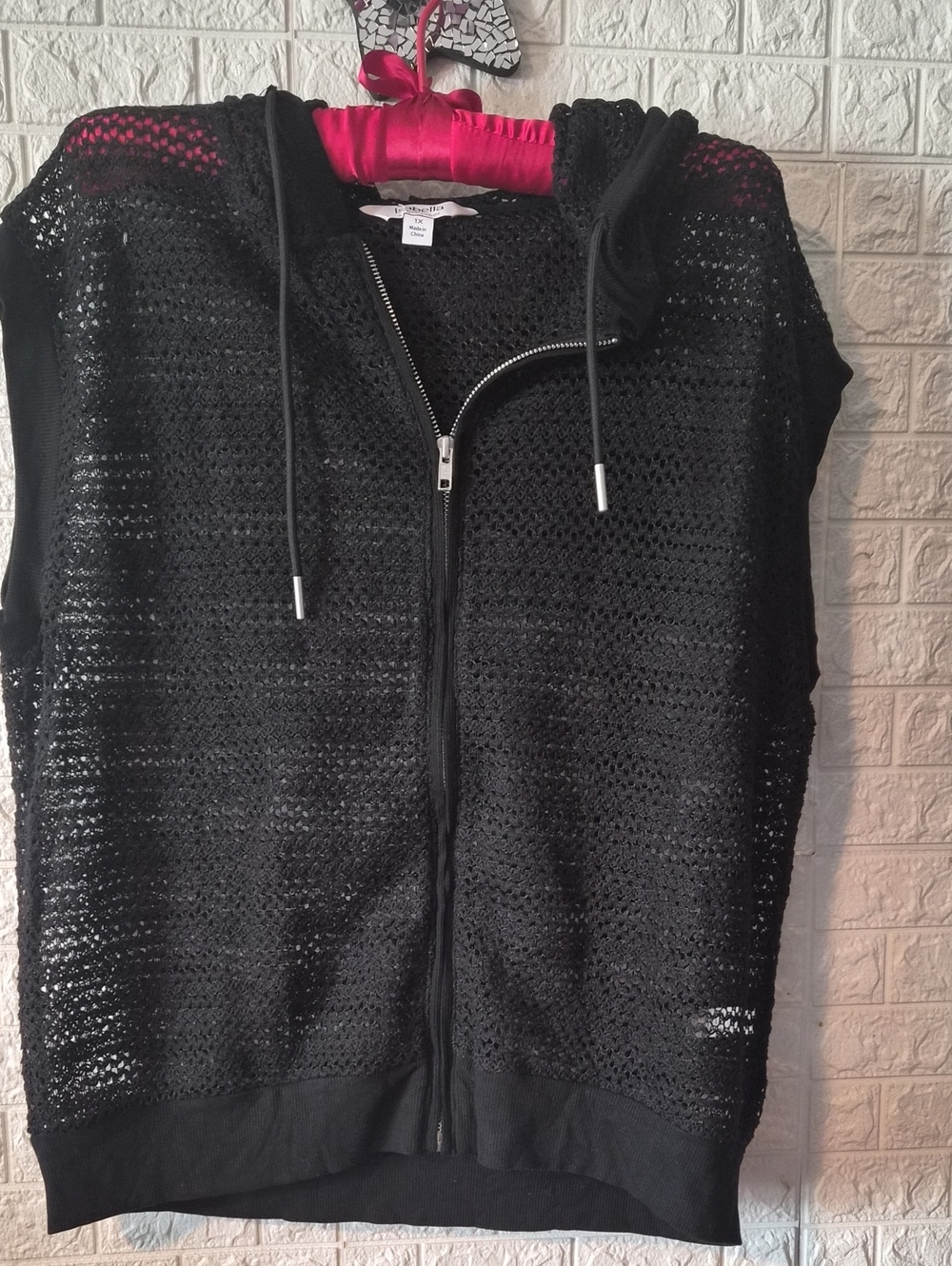 isabella Black Crochet Zip-Up Hooded Knit Top